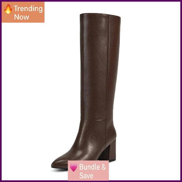 Knee High Boots Low Heel Side Zipper Faux Leather Comfortable Walking